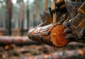 Wall Mural - A close-up of logging machinery's gripping claws holding a freshly cut log, with forest in the background