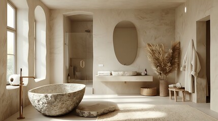Wall Mural - A minimalist bathroom with a soapstone pod, a large frameless mirror, and warm beige walls