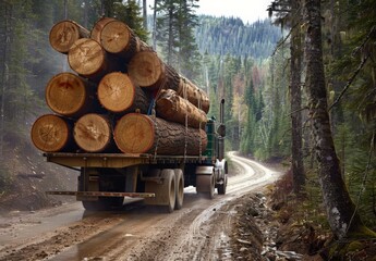 Wall Mural - A log transport truck loaded with massive logs driving down a dirt road through the forest