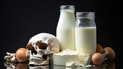 Photograph of a human skeleton made out of dairy products and eggs, with a clear background