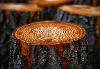 Wall Mural - Close-up of tree stumps left behind after logging, showing the rings and texture of the wood