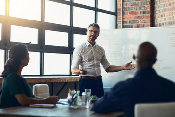 Poster - Office, man and whiteboard with presentation for business people, employees and corporate meeting. Boardroom, manager and public relation team with information, planning and listening in training