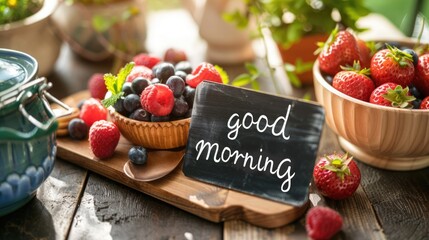 Healthy organic breakfast with fruits and a sign with Good Morning words