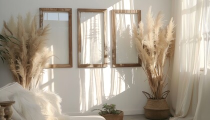 Aufkleber - A room with three frames on the wall and three potted plants