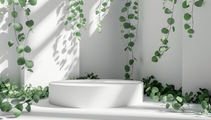 Wall Mural - A white pedestal with green vines growing out of it