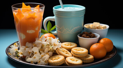 Wall Mural - Flat lay stylized Mid Autumn Festival snack and drink on blue background still life