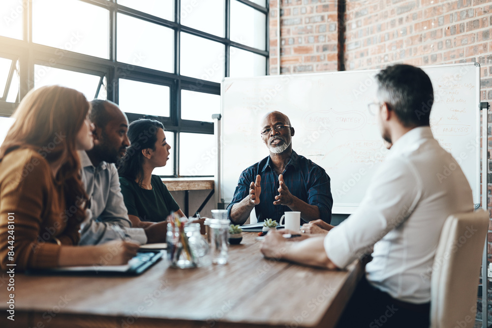 Manager Session Examples Mature, manager and business meeting in boardroom with discussion for ...