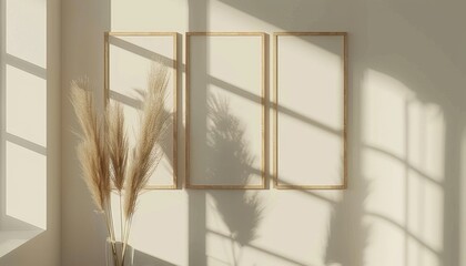 Wall Mural - A white wall with three empty frames and a potted plant in the foreground