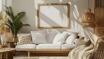 Aufkleber - A living room with a white couch and a wooden frame on the wall