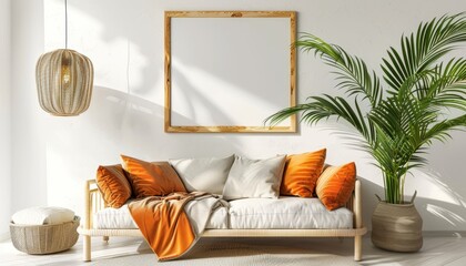 Poster - A living room with a white couch, a white bed, and a large plant