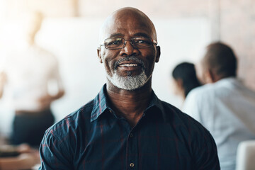 Canvas Print - Black man, glasses and portrait with smile for business meeting, accounting career or finance company. Male accountant, happiness and office in Nigeria with professional employee, manager on training