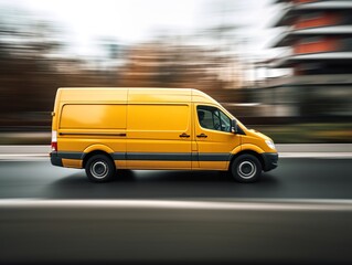 A bright yellow van drives down a bustling city street, its vibrant color contrasting with the towering buildings and bustling crowds.