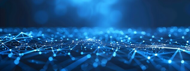 Poster - Abstract background with blue digital connections and nodes forming a network structure on a dark background, in the style of technology concept
