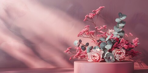 Luxury mature graceful deep red product display podium on red pink flowers and eucalyptus leaves backgrounds, cosmetic, feminine, elegant, skin care, jewelry, card curation mock up backgrounds