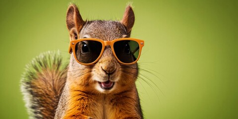 Squirrel with Sunglasses on a Solid Background, Featuring Ample Copy Space
