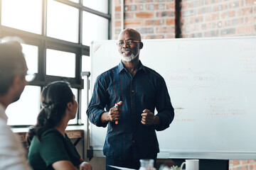 Poster - Discussion, businessman and whiteboard with presentation for ideas, advertising strategy and marketing. Office, mature manager and mindmap with info, plan and staff for creative agency in workshop