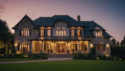 Wall Mural - Beautiful modern farmhouse style luxury home exterior at twilight.