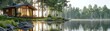 © Ai-Pixel - Design a peaceful rear view setting of a secluded cabin in the woods, surrounded by tall trees, a shimmering lake, and a mountain backdrop in a soft, dreamy digital painting