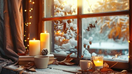 Sticker - Cozy Window Decor with Candles and Coffee for Winter or Autumn