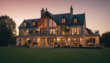 Wall Mural - Beautiful modern farmhouse style luxury home exterior at twilight.