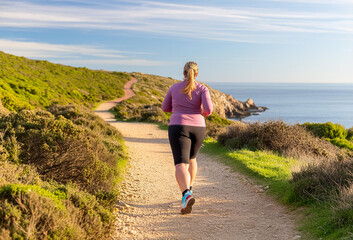 Determined overweight woman jogging along a scenic coastal path. Weight loss concept