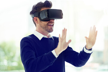 Poster - Man, virtual reality and happy in office with hands to test 3d user experience with vision for digital transformation. Person, ar and smile with futuristic glasses, metaverse and creative at startup