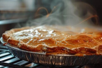 Wall Mural - A detailed view of a freshly baked pie cooling on a baking pan, showing its golden crust and steam rising from its delicious filling