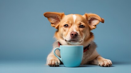 sleepy cute dog, holding cup of coffee Isolated on solid color background