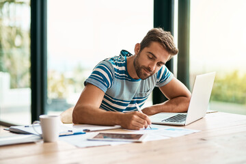 Poster - Laptop, man and writing for planning at desk, home and office for online business. Technology, tablet or website development for creative person, computer or work from house for designer entrepreneur