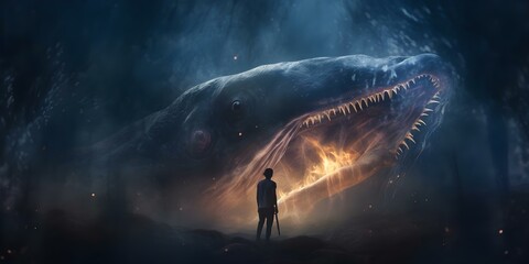 A biblical tale featuring Jonah being swallowed by a massive whale. Concept Biblical, Jonah, Whale, Swallowed, Story