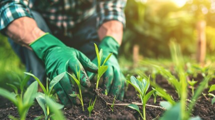 Wall Mural - Farmer planting young seedlings in fertile soil at sunset