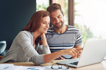 Poster - Home, couple and laptop for finance, reading and planning for budget, online banking and research for life insurance. People, apartment and man with woman, computer and conversation for investment