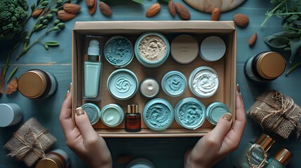 hands carefully unboxing a cosmetics package, revealing an array of makeup products neatly arranged 