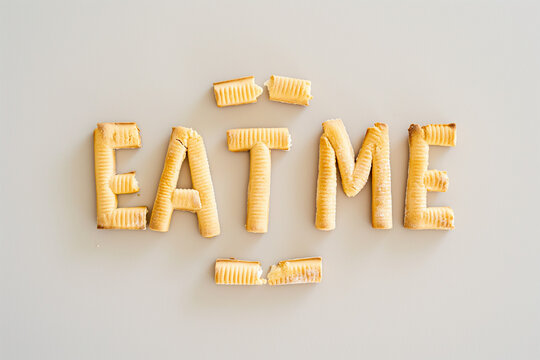 text EAT ME with vanilla wafers on white background