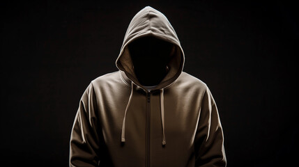 Mysterious man wearing a hoodie standing against a dark background. Hacker, crime, and cyber security concepts.