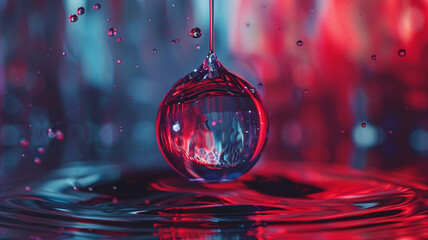 Wall Mural - A glass sphere filled with a liquid, suspended on a metal rod, creating ripples in a red and blue background