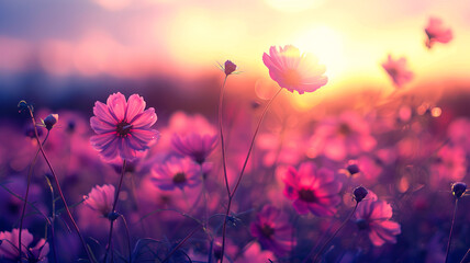 Wall Mural - Beautiful and amazing of cosmos flower field landscape in sunset. nature wallpaper background