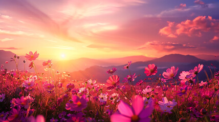 Wall Mural - Beautiful and amazing of cosmos flower field landscape in sunset. nature wallpaper background
