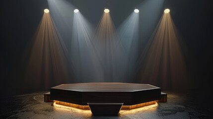 Stage podium illuminated with spotlight ,Award ceremony concept ,Stage backdrop ,Vector illustration,Empty stand up scene with wooden floor ,Empty room studio gradient used for background and display
