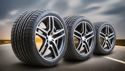 Wall Mural - Advanced Safety: Detailed Illustration of Four Rolling Car Tires on a Gray Road