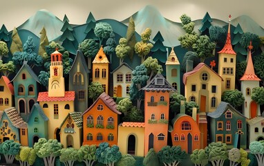 This paper sculpture diorama depicts an ancient Europe village, church in colorful