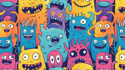 Wall Mural - Smiling Cute Monster Doodles Vibrant and Cheerful Pattern with Happy Face