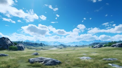 Wall Mural - Panoramic view of a grassland with a blue sky and clouds