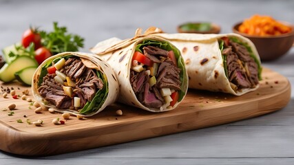 Canvas Print - Arrange the grilled donner or shawarma beef wrap roll in the center of the banner, ensuring that it is prominently featured and visually appealing. Position it on a serving platter or wooden board to 