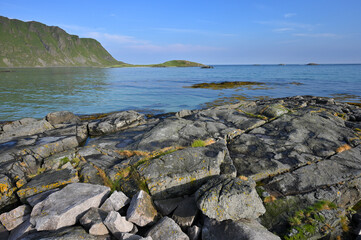 Wall Mural - Stones and rocks at fjord shore, Lofoten islands.