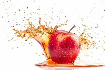 Fresh red apple with apple cider vinegar or juice splash isolated on white background. 