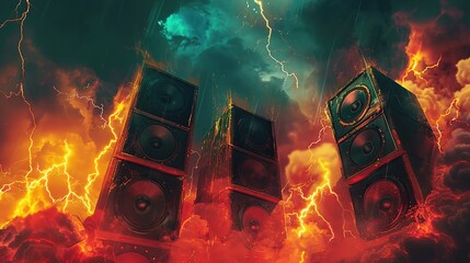 Canvas Print - Amidst a tumultuous storm the speakers scream with the relentless power of thrash metal while lightning bolts light up the night sky in a fiery display