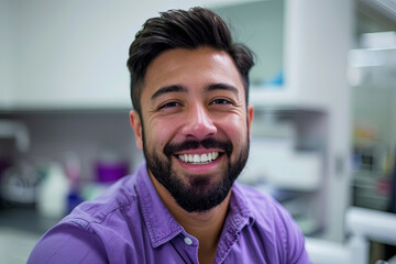 Wall Mural - A man with a beard and a purple shirt is smiling