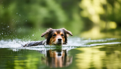 Sticker - Dog swimming in water with green nature