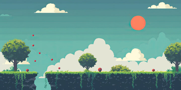 Landscape background, gaming level design backdrop gamer graphics style retro scrolling platform backgrounds, generated ai